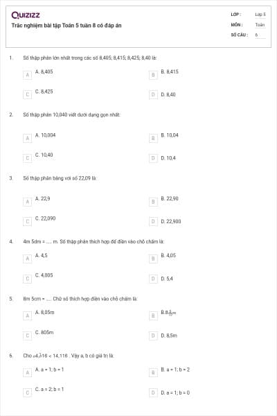 Trắc nghiệm bài tập Toán 5 tuần 8 có đáp án
