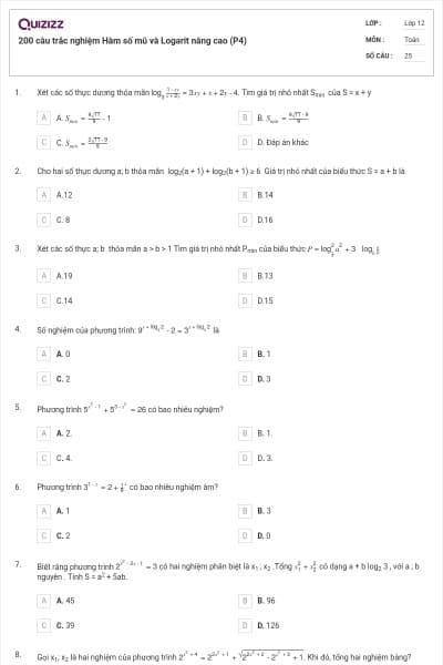 200 câu trắc nghiệm Hàm số mũ và Logarit nâng cao (P4)