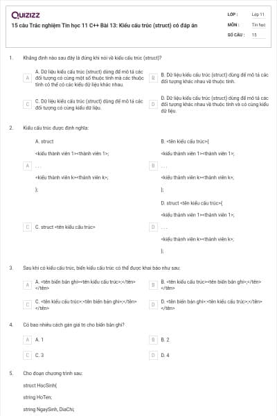 15 câu  Trắc nghiệm Tin học 11 C++ Bài 13: Kiểu cấu trúc (struct) có đáp án