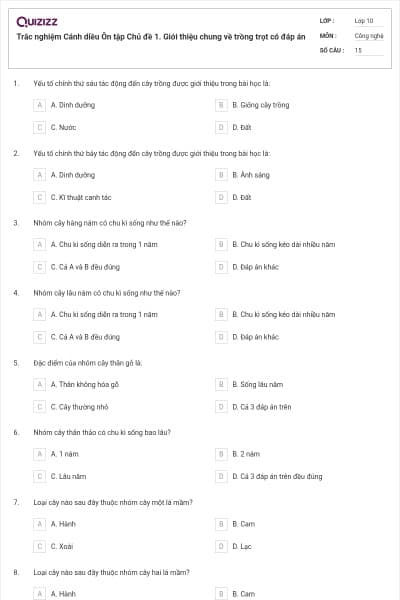 Trắc nghiệm Cánh diều Ôn tập Chủ đề 1. Giới thiệu chung về trồng trọt có đáp án