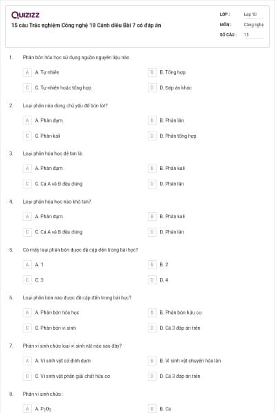 15 câu Trắc nghiệm Công nghệ 10 Cánh diều Bài 7 có đáp án
