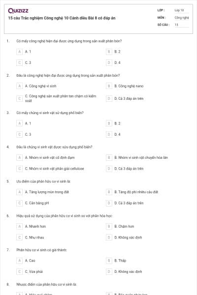 15 câu Trắc nghiệm Công nghệ 10 Cánh diều Bài 8 có đáp án