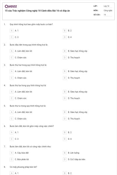 15 câu Trắc nghiệm Công nghệ 10 Cánh diều Bài 16 có đáp án