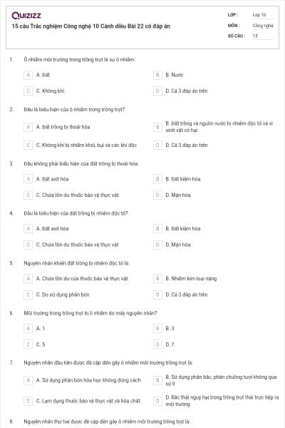 15 câu Trắc nghiệm Công nghệ 10 Cánh diều Bài 22 có đáp án