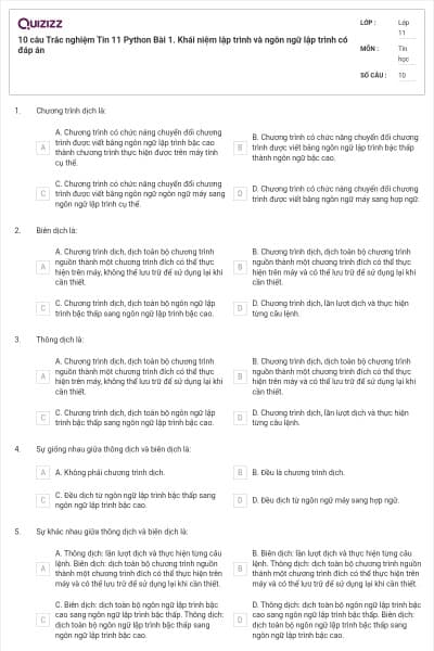 10 câu Trắc nghiệm Tin 11 Python Bài 1.  Khái niệm lập trình và ngôn ngữ lập trình có đáp án