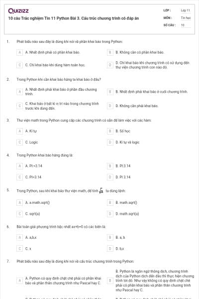10 câu  Trắc nghiệm Tin 11 Python Bài 3.  Cấu trúc chương trình có đáp án