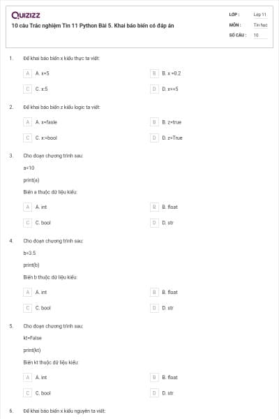 10 câu  Trắc nghiệm Tin 11 Python Bài 5. Khai báo biến có đáp án