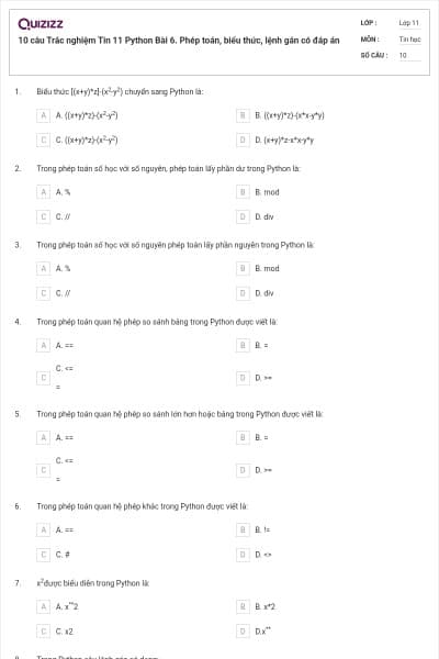 10 câu Trắc nghiệm Tin 11 Python Bài 6. Phép toán, biểu thức, lệnh gán có đáp án