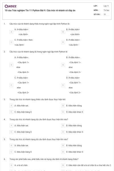 10 câu  Trắc nghiệm Tin 11 Python Bài 9. Cấu trúc rẽ nhánh có đáp án