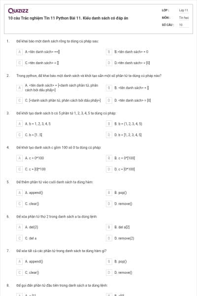 10 câu  Trắc nghiệm Tin 11 Python Bài 11. Kiểu danh sách có đáp án