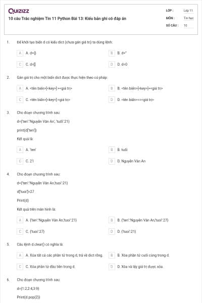 10 câu  Trắc nghiệm Tin 11 Python Bài 13: Kiểu bản ghi có đáp án