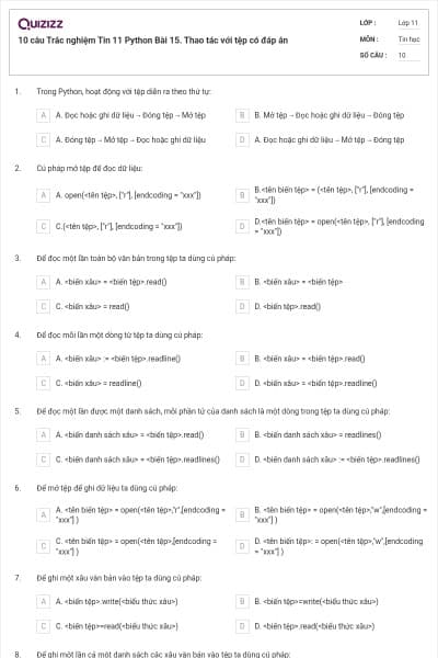 10 câu  Trắc nghiệm Tin 11 Python Bài 15. Thao tác với tệp có đáp án