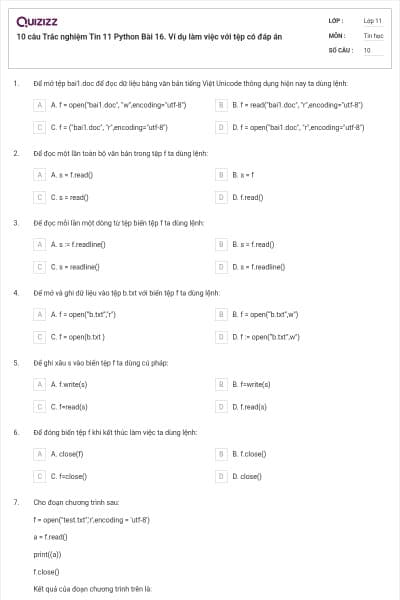 10 câu Trắc nghiệm Tin 11 Python Bài 16. Ví dụ làm việc với tệp có đáp án