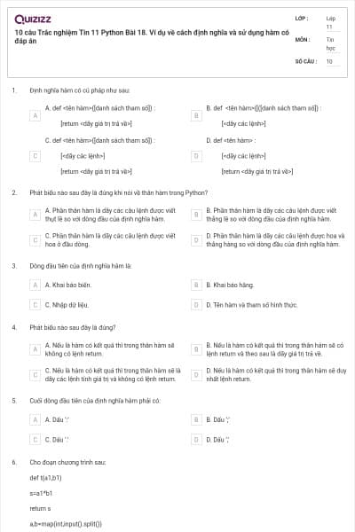 10 câu Trắc nghiệm Tin 11 Python Bài 18. Ví dụ về cách định nghĩa và sử dụng hàm có đáp án