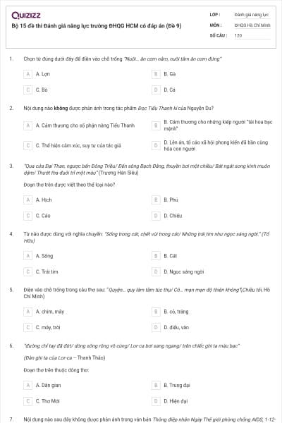 Bộ 15 đề thi Đánh giá năng lực trường ĐHQG HCM có đáp án (Đề 9)
