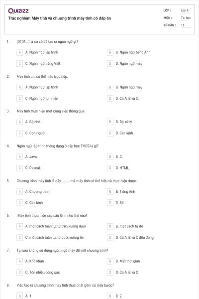Trắc nghiệm Máy tính và chương trình máy tính có đáp án