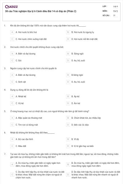 38 câu Trắc nghiệm Địa lý 6 Cánh diều Bài 14 có đáp án (Phần 2)