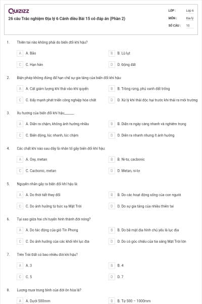 26 câu Trắc nghiệm Địa lý 6 Cánh diều Bài 15 có đáp án (Phần 2)