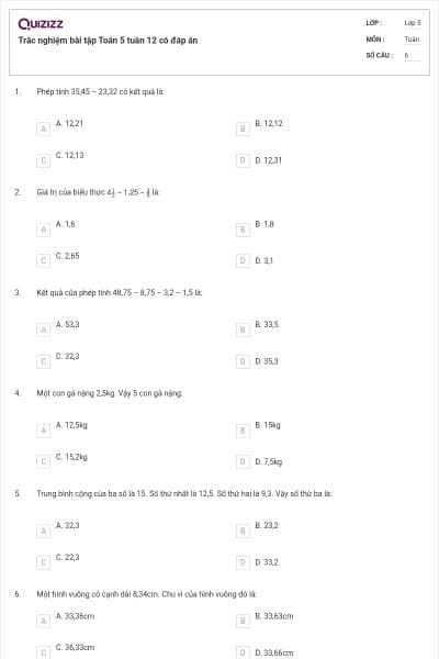 Trắc nghiệm bài tập Toán 5 tuần 12 có đáp án