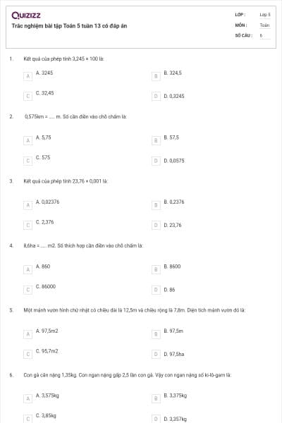 Trắc nghiệm bài tập Toán 5 tuần 13 có đáp án