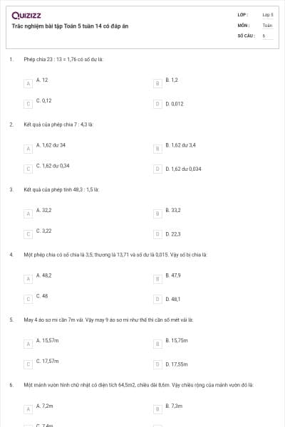 Trắc nghiệm bài tập Toán 5 tuần 14 có đáp án