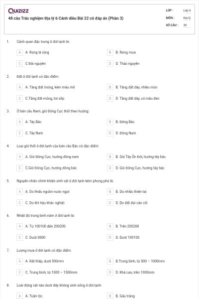 48 câu Trắc nghiệm Địa lý 6 Cánh diều Bài 22 có đáp án (Phần 3)