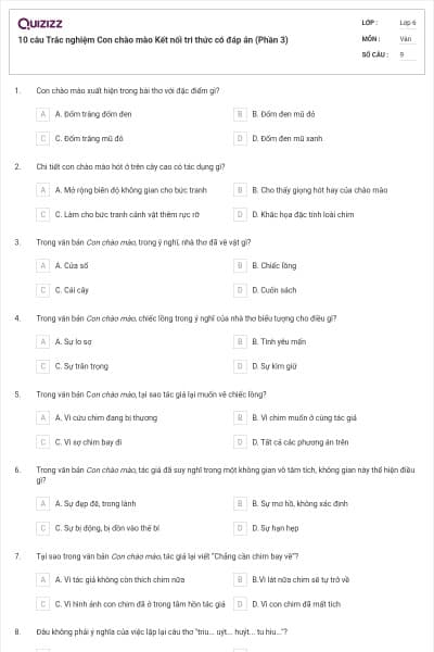 10 câu Trắc nghiệm Con chào mào Kết nối tri thức có đáp án (Phần 3)
