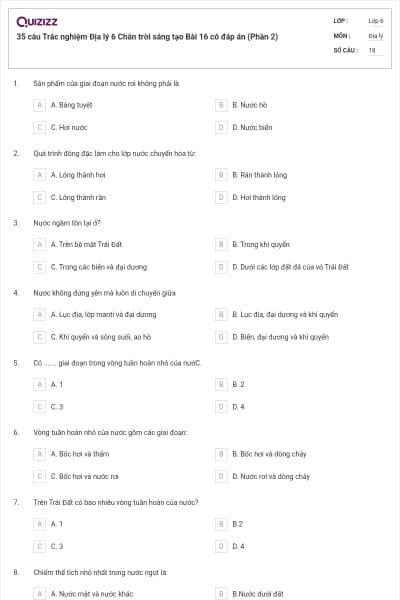 35 câu Trắc nghiệm Địa lý 6 Chân trời sáng tạo Bài 16 có đáp án (Phần 2)