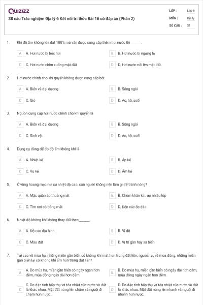 38 câu Trắc nghiệm Địa lý 6 Kết nối tri thức Bài 16 có đáp án (Phần 2)