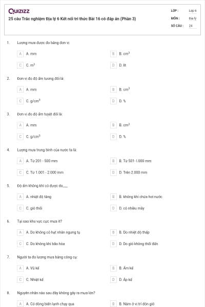 25 câu Trắc nghiệm Địa lý 6 Kết nối tri thức Bài 16 có đáp án (Phần 3)
