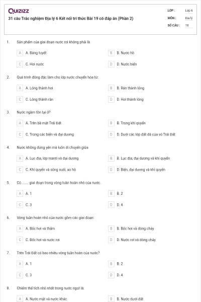 31 câu Trắc nghiệm Địa lý 6 Kết nối tri thức Bài 19 có đáp án (Phần 2)