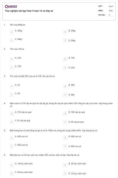 Trắc nghiệm bài tập Toán 5 tuần 16 có đáp án