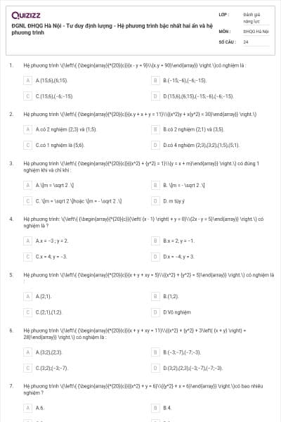 ĐGNL ĐHQG Hà Nội - Tư duy định lượng - Hệ phương trình bậc nhất hai ẩn và hệ phương trình