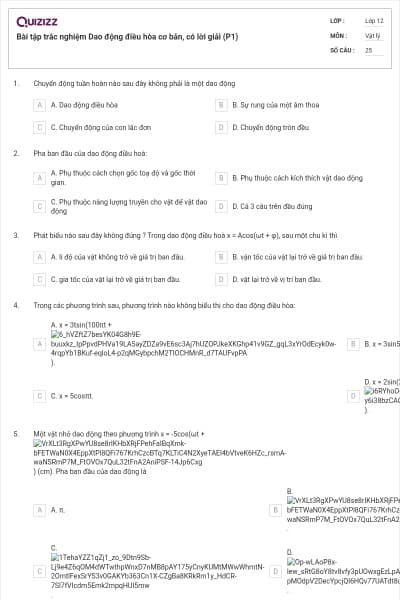 Bài tập trắc nghiệm Dao động điều hòa cơ bản, có lời giải (P1)