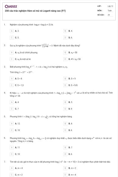 200 câu trắc nghiệm Hàm số mũ và Logarit nâng cao (P7)