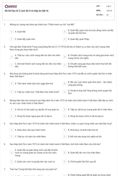 Đề thi Học kì 2 Lịch Sử 9 có đáp án (Đề 4)