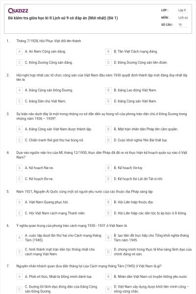 Đề kiểm tra giữa học kì II Lịch sử 9 có đáp án (Mới nhất) (Đề 1)
