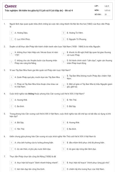 Trắc nghiệm: Đề kiểm tra giữa kỳ II Lịch sử 8 (có đáp án) - Đề số 4