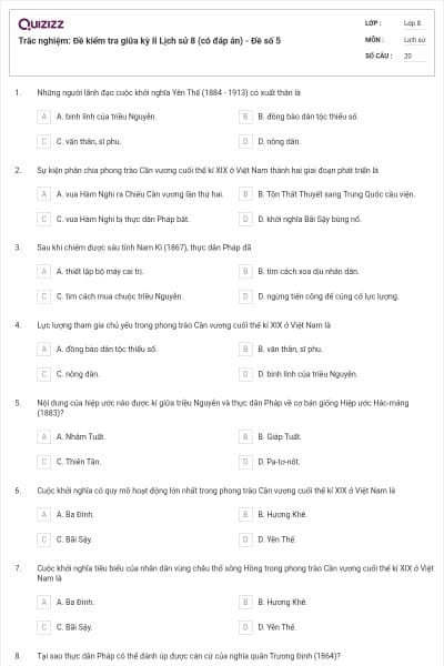Trắc nghiệm: Đề kiểm tra giữa kỳ II Lịch sử 8 (có đáp án) - Đề số 5