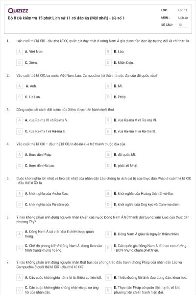 Bộ 8 Đề kiểm tra 15 phút Lịch sử 11 có đáp án (Mới nhất) - Đề số 1