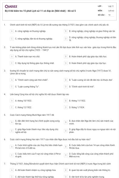 Bộ 8 Đề kiểm tra 15 phút Lịch sử 11 có đáp án (Mới nhất) - Đề số 5