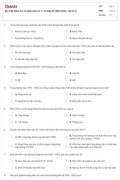 Bộ 8 Đề kiểm tra 15 phút Lịch sử 11 có đáp án (Mới nhất) - Đề số 8
