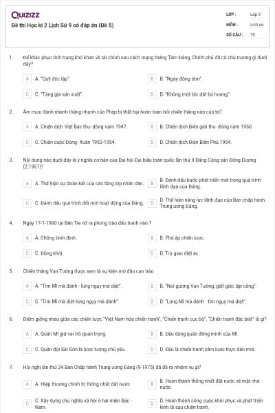 Đề thi Học kì 2 Lịch Sử 9 có đáp án (Đề 5)