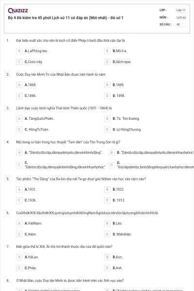 Bộ 4 Đề kiểm tra 45 phút Lịch sử 11 có đáp án (Mới nhất) - Đề số 1