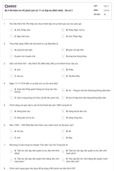 Bộ 4 Đề kiểm tra 45 phút Lịch sử 11 có đáp án (Mới nhất) - Đề số 2