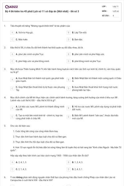 Bộ 4 Đề kiểm tra 45 phút Lịch sử 11 có đáp án (Mới nhất) - Đề số 3