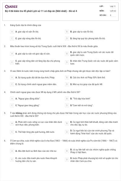 Bộ 4 Đề kiểm tra 45 phút Lịch sử 11 có đáp án (Mới nhất) - Đề số 4
