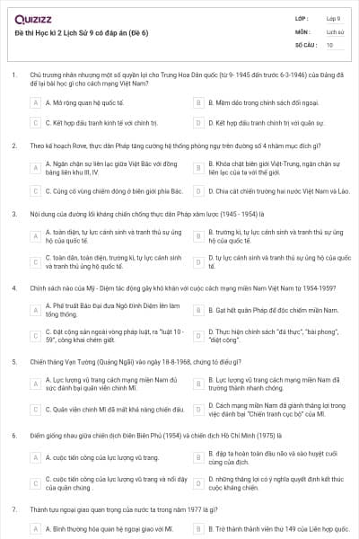 Đề thi Học kì 2 Lịch Sử 9 có đáp án (Đề 6)