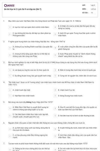 Đề thi Học kì 2 Lịch Sử 9 có đáp án (Đề 7)