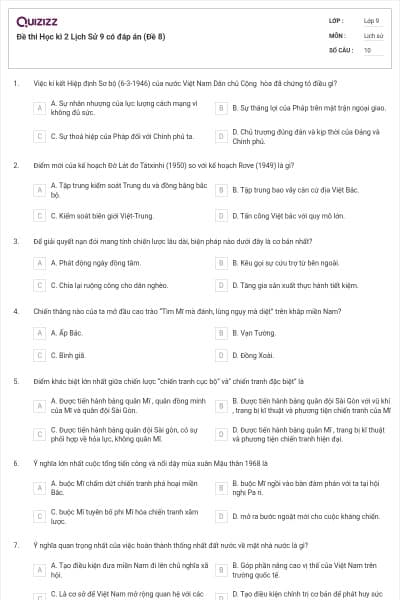 Đề thi Học kì 2 Lịch Sử 9 có đáp án (Đề 8)